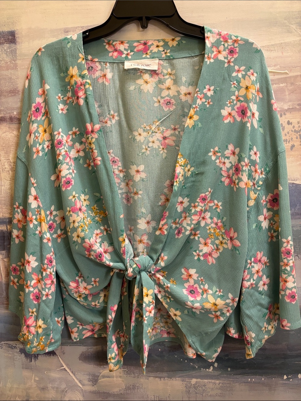 Pink Rose Floral Tie-Front Green Blouse